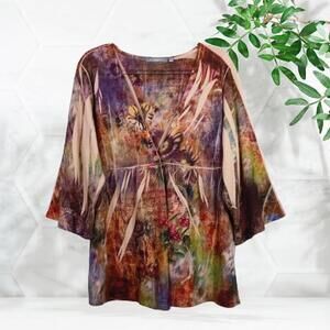 New NY Collection Size 1X Empire Waist ARTSY Floral Beaded Button Sweater Top